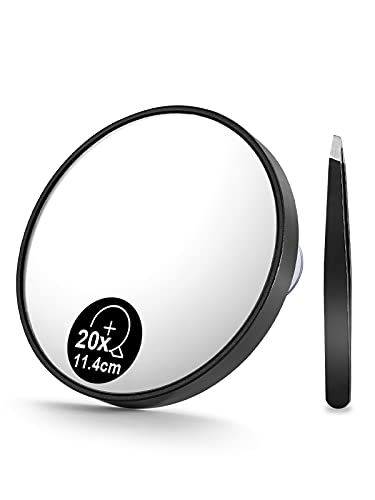 OMIRO 20X Kit de Espejo de Aumento y Pinzas Para Cejas,Espejos Compactos de Aumento con 3 ventosas,11.4 cm