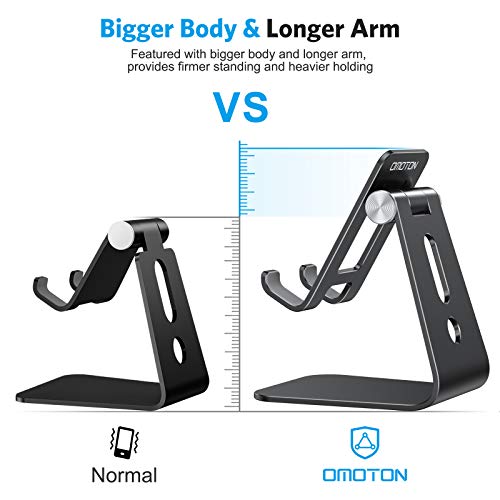 OMOTON Soporte Móvil Mesa, Multiángulo Soporte Teléfono de Aluminio Más Grande y Ajustable para iPhone 13/12//12 Pro MAX/ SE, Xiaomi, Redmi 9S, Samsung, Huawei, Goole Pixel y Más Smartphones-Negro