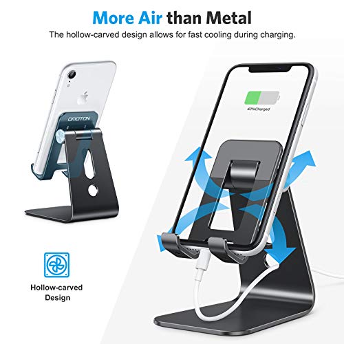 OMOTON Soporte Móvil Mesa, Multiángulo Soporte Teléfono de Aluminio Más Grande y Ajustable para iPhone 13/12//12 Pro MAX/ SE, Xiaomi, Redmi 9S, Samsung, Huawei, Goole Pixel y Más Smartphones-Negro