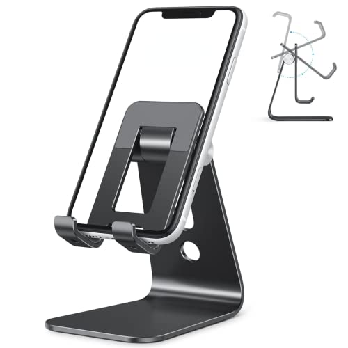 OMOTON Soporte Móvil Mesa, Multiángulo Soporte Teléfono de Aluminio Más Grande y Ajustable para iPhone 13/12//12 Pro MAX/ SE, Xiaomi, Redmi 9S, Samsung, Huawei, Goole Pixel y Más Smartphones-Negro