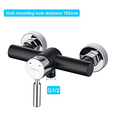ONECE Grifo de Ducha Negro de Latón de Pared, Mezclador de Ducha con Ducha de Mano de 3 Modos Φ12cm, Conjunto de Ducha de Temperatura Ajustable, Set de Grifo de Ducha con Soporte y Manguera