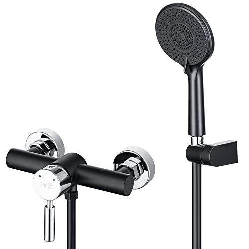 ONECE Grifo de Ducha Negro de Latón de Pared, Mezclador de Ducha con Ducha de Mano de 3 Modos Φ12cm, Conjunto de Ducha de Temperatura Ajustable, Set de Grifo de Ducha con Soporte y Manguera