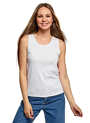oodji Ultra Mujer Camiseta Texturizada de Tirantes Anchos, Blanco, ES 36 / XS