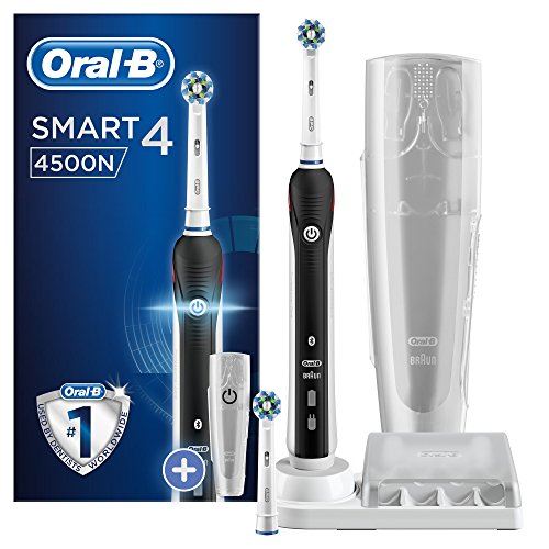 Oral-B Smart 4 CrossAction Cepillo de Dientes Eléctrico con Mango Recargable, Tecnología Braun, 2 Cabezales de Recambio, Conexión Bluetooth y Funda de Viaje, 4500N - Negro, Edición Especial
