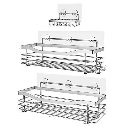 Orimade Adhesivo Estantes Cesta para Ducha Estanteria con 5 Colgadores Organizador Baño SUS304 Acero Inoxidable Sin Taladro - Pack de 3