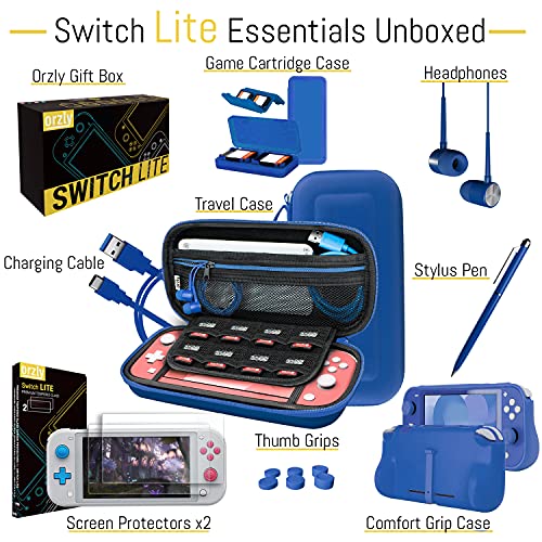 Orzly Accesorios para Nintendo Switch Lite – Pack Incluye: Protectores de Pantalla & Funda para Switch Lite Consola, Funda Comfort Grip, Cable USB, Auriculares y más. [Naranja]