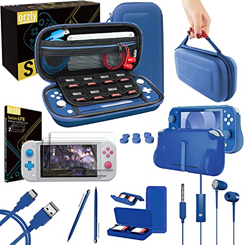 Orzly Accesorios para Nintendo Switch Lite – Pack Incluye: Protectores de Pantalla & Funda para Switch Lite Consola, Funda Comfort Grip, Cable USB, Auriculares y más. [Naranja]
