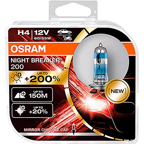 OSRAM NIGHT BREAKER 200, H4, + 200% más luz, lámpara de faro halógena, 64193NB200-HCB, 12V, Duo box (2 lámparas)