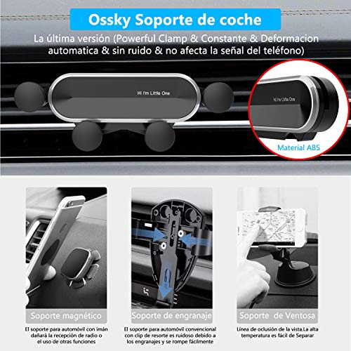 Ossky Soporte Móvil Coche, Universal Soporte Móvil Coche ventilacion Gravedad, Porta Movil Coche para Rejillas del Aire de Coche para iPhone, Samsung, Huawei, etc. de 4.7 a 6.5Pulgadas (Negro-Plata)