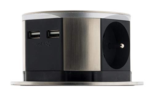 Otio – Bloque Escamoteables Compact 16 A 3 Enchufe 2P + T + 2 x USB – acabado en acero inoxidable