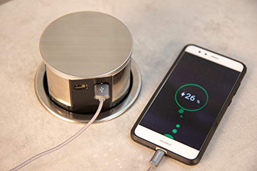 Otio – Bloque Escamoteables Compact 16 A 3 Enchufe 2P + T + 2 x USB – acabado en acero inoxidable