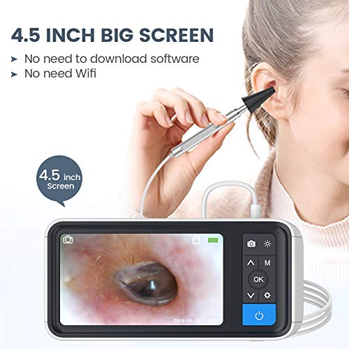 Otoscopio digital con pantalla IPS de 4.5", cámara de inspección auditiva HD 1080P de 3.9 mm con 6 luces LED, herramienta de eliminación de cerumen, tarjeta de 32 GB
