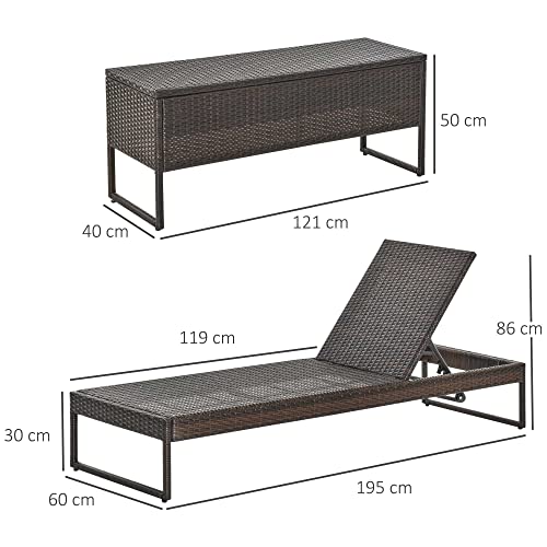 Outsunny Conjunto de 2 Tumbonas de Jardín con Cojines Acolchados Ratán con Mesa Auxiliar para Piscina o Terraza Carga 160kg 195x60x86 cm Acero Marrón