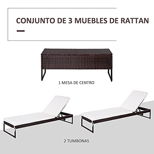 Outsunny Conjunto de 2 Tumbonas de Jardín con Cojines Acolchados Ratán con Mesa Auxiliar para Piscina o Terraza Carga 160kg 195x60x86 cm Acero Marrón