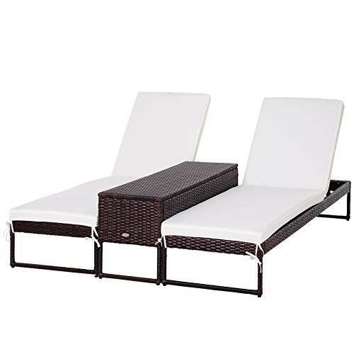 Outsunny Conjunto de 2 Tumbonas de Jardín con Cojines Acolchados Ratán con Mesa Auxiliar para Piscina o Terraza Carga 160kg 195x60x86 cm Acero Marrón