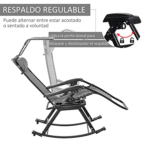 Outsunny Silla Mecedora de Jardín Plegable Tumbona Reclinable con Techo Protección Solar Reposacabezas Extraíble y Reposapiés Estructura de Acero 120x67x102 cm Gris