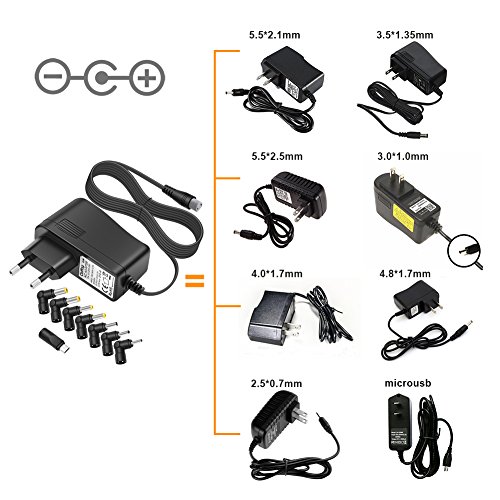 Outtag Adaptador AC DC Cargador Universal de 15W 5V 3A Fuente de alimentación con 8 Conectores para Router Bluetooth Altavoces Kindle Cámaras Radio LED DVD Interruptor Consolas de Juegos