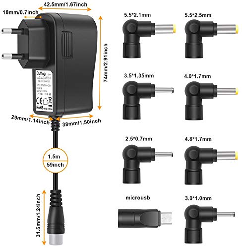 Outtag Adaptador AC DC Cargador Universal de 15W 5V 3A Fuente de alimentación con 8 Conectores para Router Bluetooth Altavoces Kindle Cámaras Radio LED DVD Interruptor Consolas de Juegos