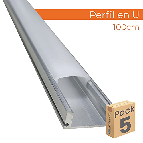Pack 5x Perfil de Aluminio para Tira LED con Tapa Translucida. Tapones de los Extremos y clips de montaje Incluidos. Canaleta LED.