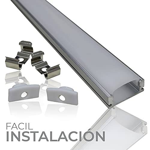 Pack 5x Perfil de Aluminio para Tira LED con Tapa Translucida. Tapones de los Extremos y clips de montaje Incluidos. Canaleta LED.