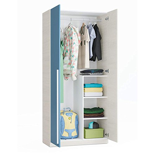 Pack habitación Juvenil con Cama Nido Estante de Pared, Armario y SOMIERES INCLUIDOS Color Blanco y Azul
