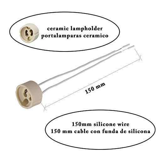 PACK Portalámparas casquillos GU10 para bombillas halogenas hasta 100W y bombilla led, zócalo de cerámica con cable de silicona 150mm de alta resistencia. Socket Lamp Holder Silicon Wire (10)