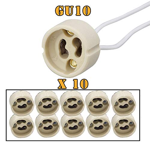 PACK Portalámparas casquillos GU10 para bombillas halogenas hasta 100W y bombilla led, zócalo de cerámica con cable de silicona 150mm de alta resistencia. Socket Lamp Holder Silicon Wire (10)