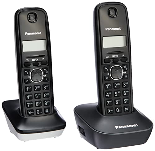 Panasonic KX-TG1612 - Teléfono Fijo inalámbrico Dúo (LCD, identificador de Llamadas, Intercomunicación, tecla de navegación, Alarma, Reloj), Color Negro y Blanco