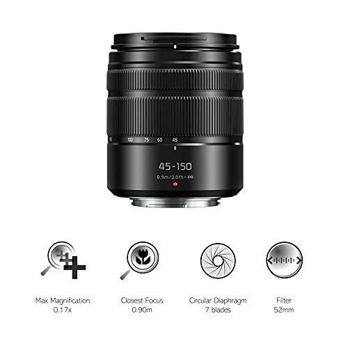 Panasonic LUMIX H-FS45150 - Objetivo Tele Zoom para cámaras de montura M4/3 (Focal 45-150 mm, F4-F5.6, tamaño filtro 52 mm, lentes asféricas, MEGA O.I.S), negro