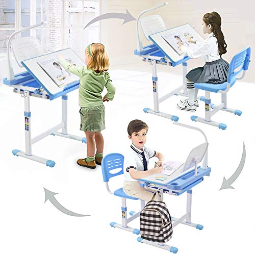 Papasbox Juego de Escritorio y Silla para Niños, Juego de Escritorio para Niños, Mesa de Estudio para niños, Altura Regulable, con luz + Soporte para Libros, para el hogar y la Escuel(Azul)