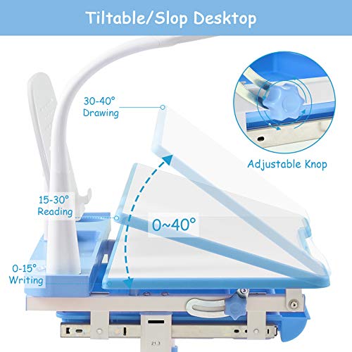 Papasbox Juego de Escritorio y Silla para Niños, Juego de Escritorio para Niños, Mesa de Estudio para niños, Altura Regulable, con luz + Soporte para Libros, para el hogar y la Escuel(Azul)