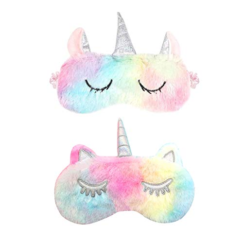 Paquete de 2 antifaces para dormir, antifaz para ojos de animales, antifaz de felpa con dibujos animados, visera transpirable de viaje para mujeres y niños