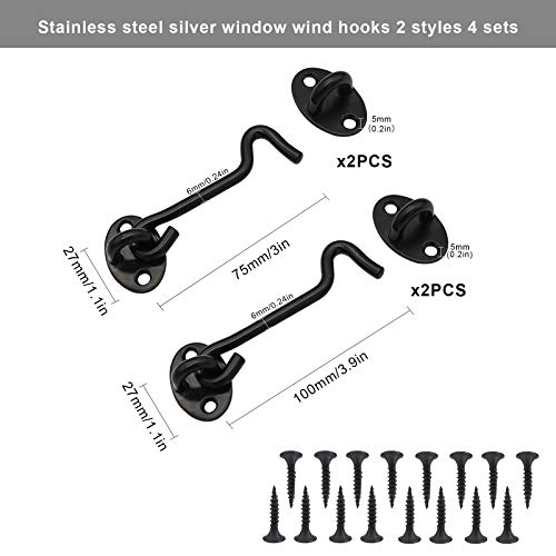 Paquete de 4 Ganchos Para Puerta Ganchos de Cabina de Acero Inoxidable Para Puerta con Tornillos y Cierre de ojo Negro para puertas de puertas de Jardín Puertas de Gabinete Ventanas Black