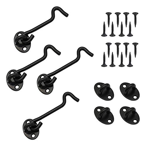 Paquete de 4 Ganchos Para Puerta Ganchos de Cabina de Acero Inoxidable Para Puerta con Tornillos y Cierre de ojo Negro para puertas de puertas de Jardín Puertas de Gabinete Ventanas Black