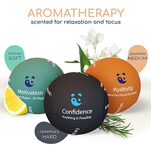Paquete de bolas antiestrés MindPanda 3X | Tri-Density para terapia de ejercicio manual - Fragancia para un enfoque adicional - Afirmaciones motivacionales (Dark - Motivational Stress Balls)