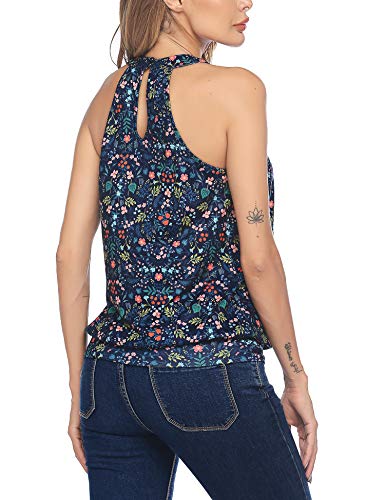 Parabler Camiseta de tirantes para mujer, con pliegues, sin mangas, túnica, suelta, informal, sexy, cuello halter Flores azules. XL