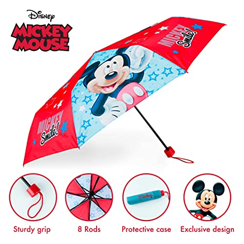 Paraguas Plegable Infantil de Mickey Mouse - BONNYCO | Paraguas Antiviento para Niños con Estructura Reforzada | Paraguas Infantiles para Bolso, Mochila o Viaje | Regalos Originales Disney para Niños