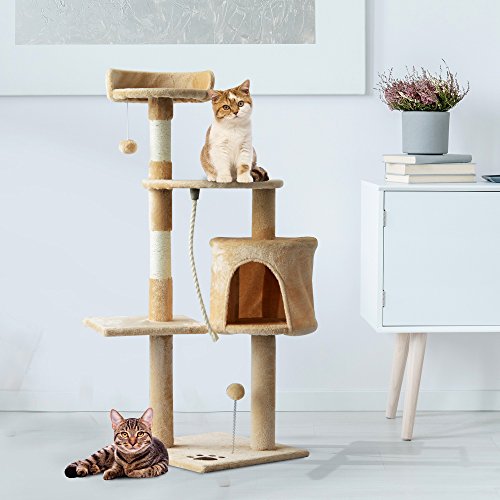 PawHut Árbol para Gatos Rascador Grande con Plataformas Casetas Bolas de Juego 114cm Cubierto de Felpa Beige