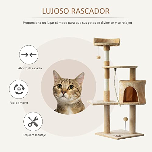 PawHut Árbol para Gatos Rascador Grande con Plataformas Casetas Bolas de Juego 114cm Cubierto de Felpa Beige