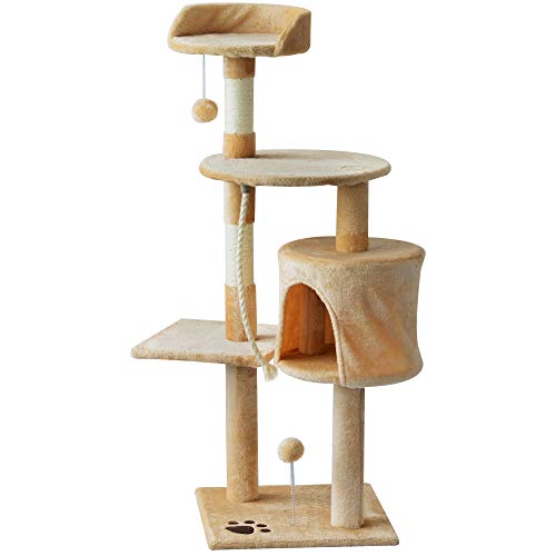 PawHut Árbol para Gatos Rascador Grande con Plataformas Casetas Bolas de Juego 114cm Cubierto de Felpa Beige
