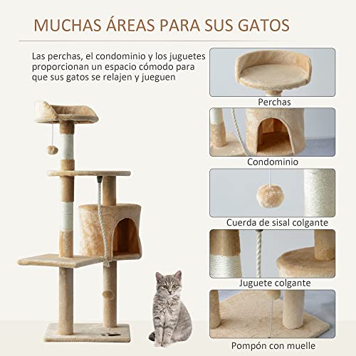 PawHut Árbol para Gatos Rascador Grande con Plataformas Casetas Bolas de Juego 114cm Cubierto de Felpa Beige