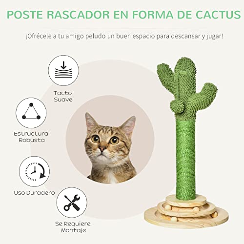 PawHut Poste Rascador para Gatos en Forma de Cactus Pequeño Árbol Rascador para Gatos con Poste de Sisal y Felpa Pelota Colgante y Base con Juego de Madera 32x32x60 cm Verde