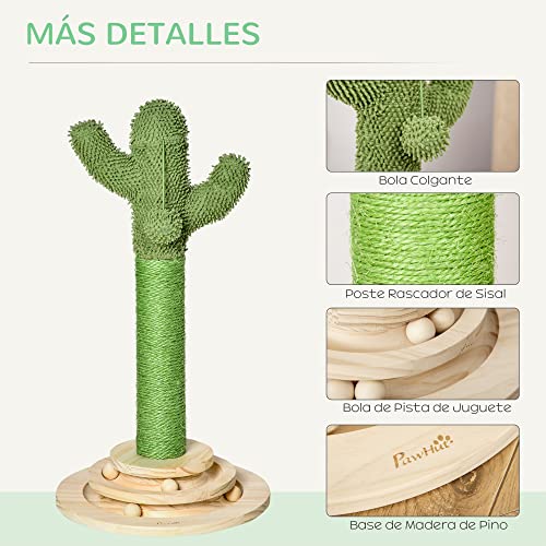 PawHut Poste Rascador para Gatos en Forma de Cactus Pequeño Árbol Rascador para Gatos con Poste de Sisal y Felpa Pelota Colgante y Base con Juego de Madera 32x32x60 cm Verde