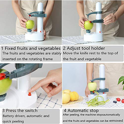 Pelador eléctrico rotato, pelador automático eléctrico multifuncional de acero inoxidable, pelador de frutas y verduras para manzanas y patatas, herramienta de pelado de cocina de acero (blanco)