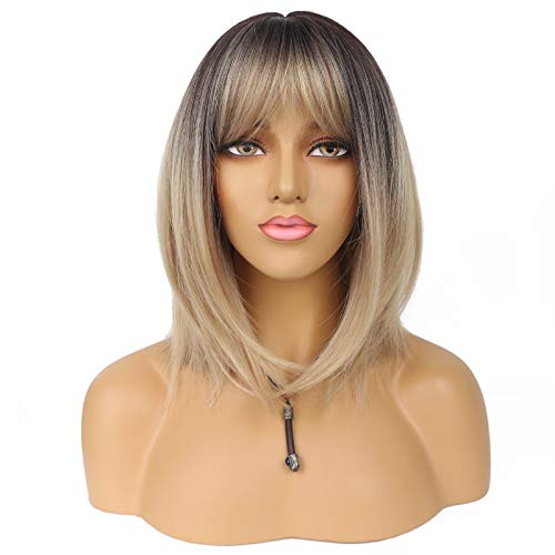 Pelucas cortas Bob con flequillo ombre rubio recto longitud del hombro peluca sintética para las mujeres resistente al calor peluca para fiesta uso diario
