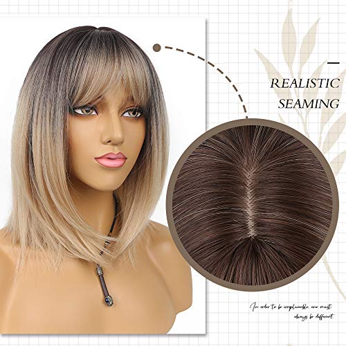 Pelucas cortas Bob con flequillo ombre rubio recto longitud del hombro peluca sintética para las mujeres resistente al calor peluca para fiesta uso diario