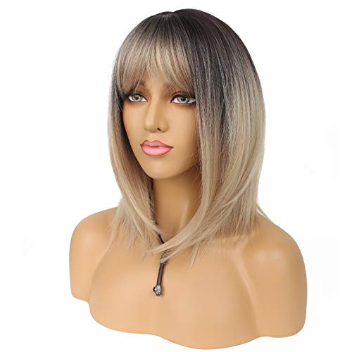 Pelucas cortas Bob con flequillo ombre rubio recto longitud del hombro peluca sintética para las mujeres resistente al calor peluca para fiesta uso diario