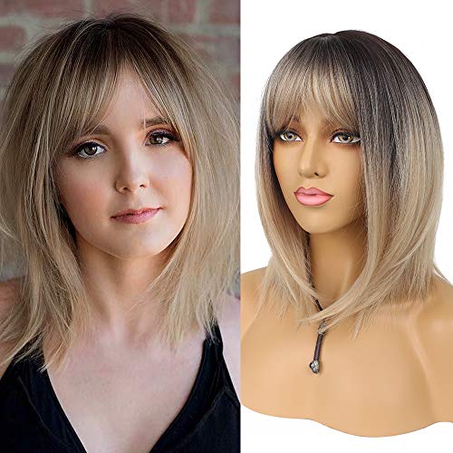 Pelucas cortas Bob con flequillo ombre rubio recto longitud del hombro peluca sintética para las mujeres resistente al calor peluca para fiesta uso diario