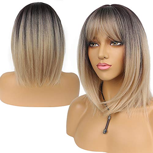 Pelucas cortas Bob con flequillo ombre rubio recto longitud del hombro peluca sintética para las mujeres resistente al calor peluca para fiesta uso diario