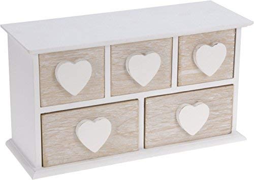 Pequeño joyero de madera con 5 cajones, corazón de madera blanco, caja de almacenamiento